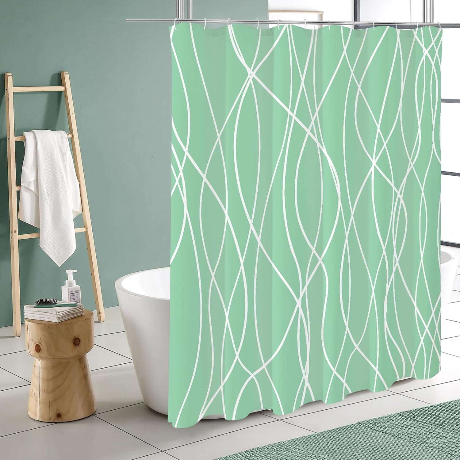 Abstract Striped Shower Curtain, Modern Minimalist Waterproof Fabric Shower Curtain Set with Hooks 72" x 72" - Mint Green
