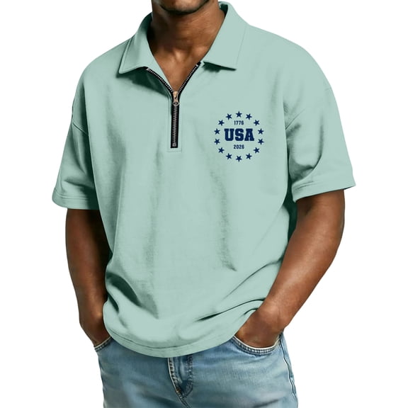 LNZGNM Mens 4th of July Polo Shirt 250 Anniversary USA 1/4 Zip Up Golf Shirts Short Sleeve 1776-2026 Golf Polos Casual Outdoor Top,Light Green 2XL