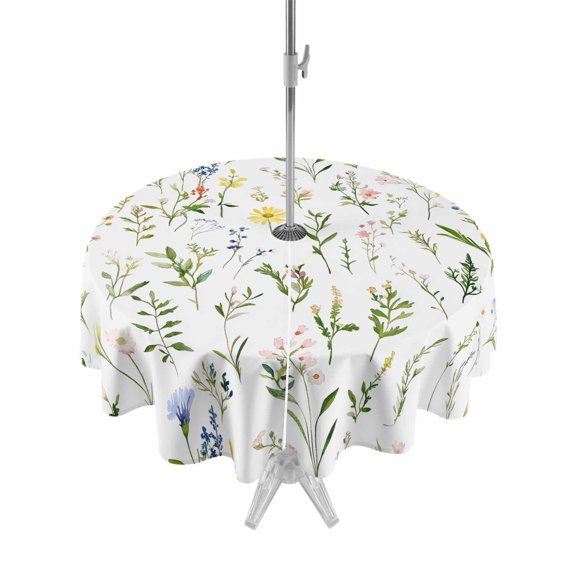 Outdoor Table Cloth with Umbrella Hole and Zipper, Spring Floral Waterproof Round Tablecloth 54 Inch, Watercolor Botanical Flower Washable Table Cover for Outside Party Patio Picnic