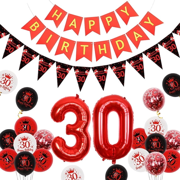 30th Birthday Decorations Black and Red, Happy 30th Birthday Decorations for Men Women Include 30th Flag Bunting, Happy Birthday Banner, Red Black White 30th Birthday Balloons, 30 Foil Balloon