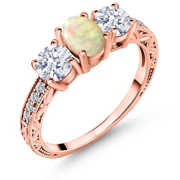 Gem Stone King 2.13 Ct Oval Cabochon White Ethiopian Opal 18K Rose Gold Plated Silver Ring (Size 7)