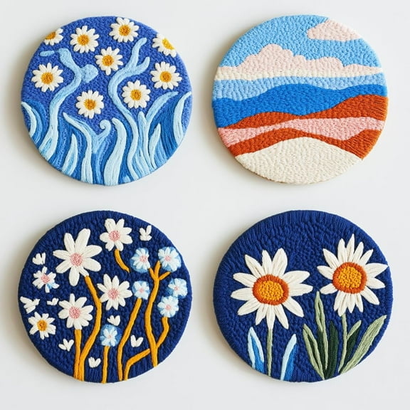 4 Set DIY Punch Needle Coaster Kits Seaside Sea Wave Daisy Flowers Easy for Beginners with Adhesive Felt Hoop Punch Needle Embroidery Starter Set with Pattern for Drink Cups Mat Home Decor-8