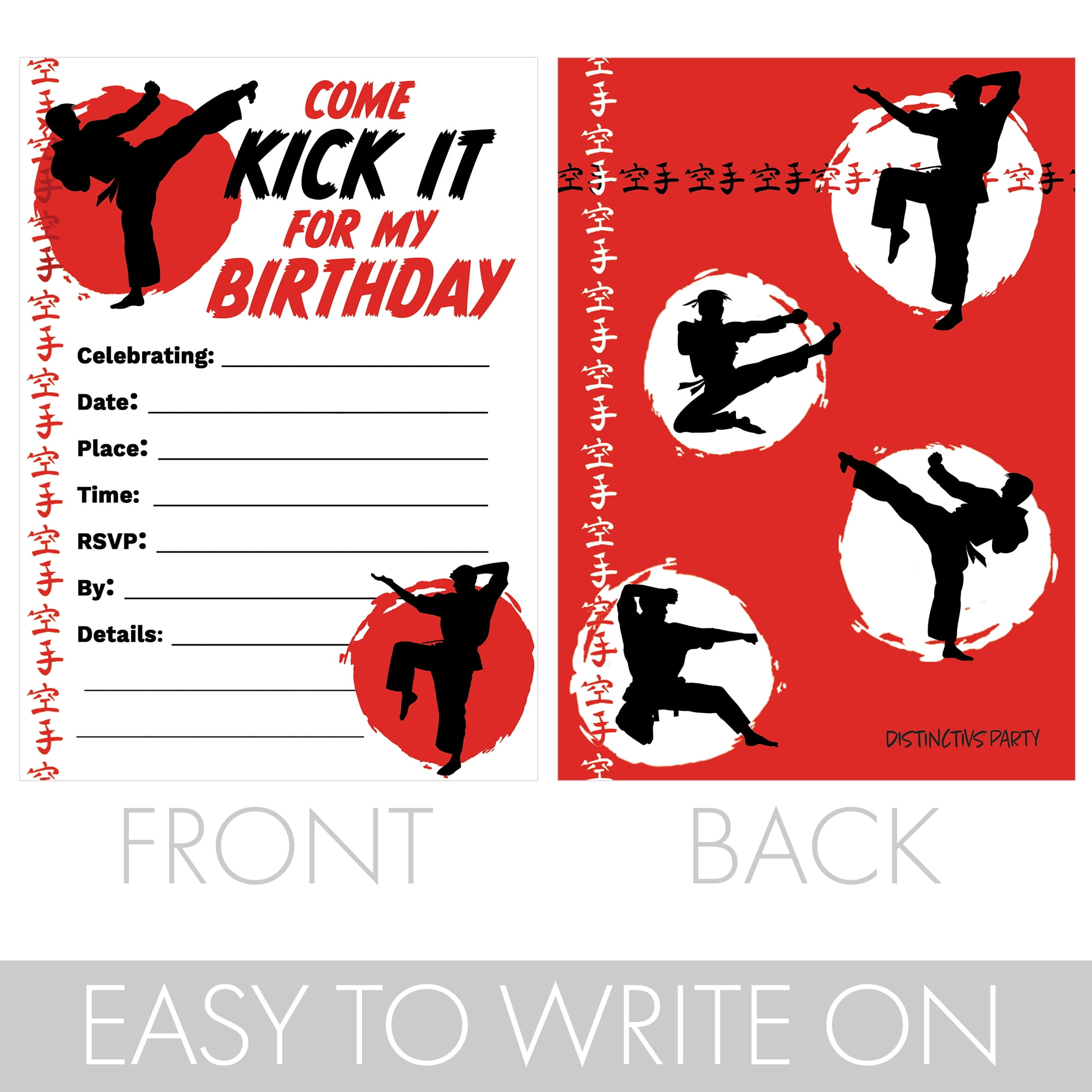 distinctivs red and black karate birthday party invitations with envelopes,  10 invites