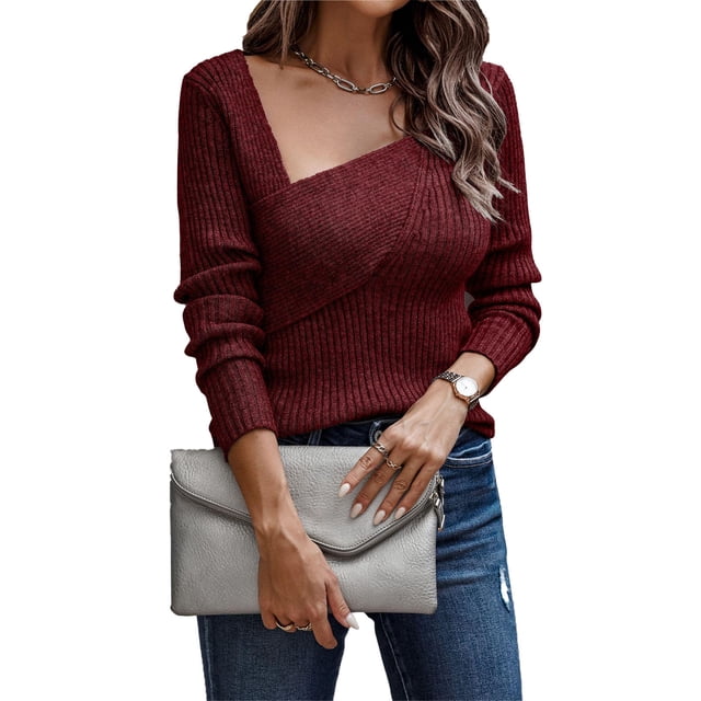Suéter ajustado con cuello bajo, suéter de manga larga de color sólido para mujer, suéter para la vida diaria, rojo vino S