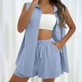 thumbnail image 2 of Sentmoon Linen Sets for Women 2 Piece Cute Tops and Beach Shorts Sleeveless Lapel Collar Beach Outfits for Women Solid Color Button Down Women's Tunic Tops with Pockets for Vacation, 2 of 7