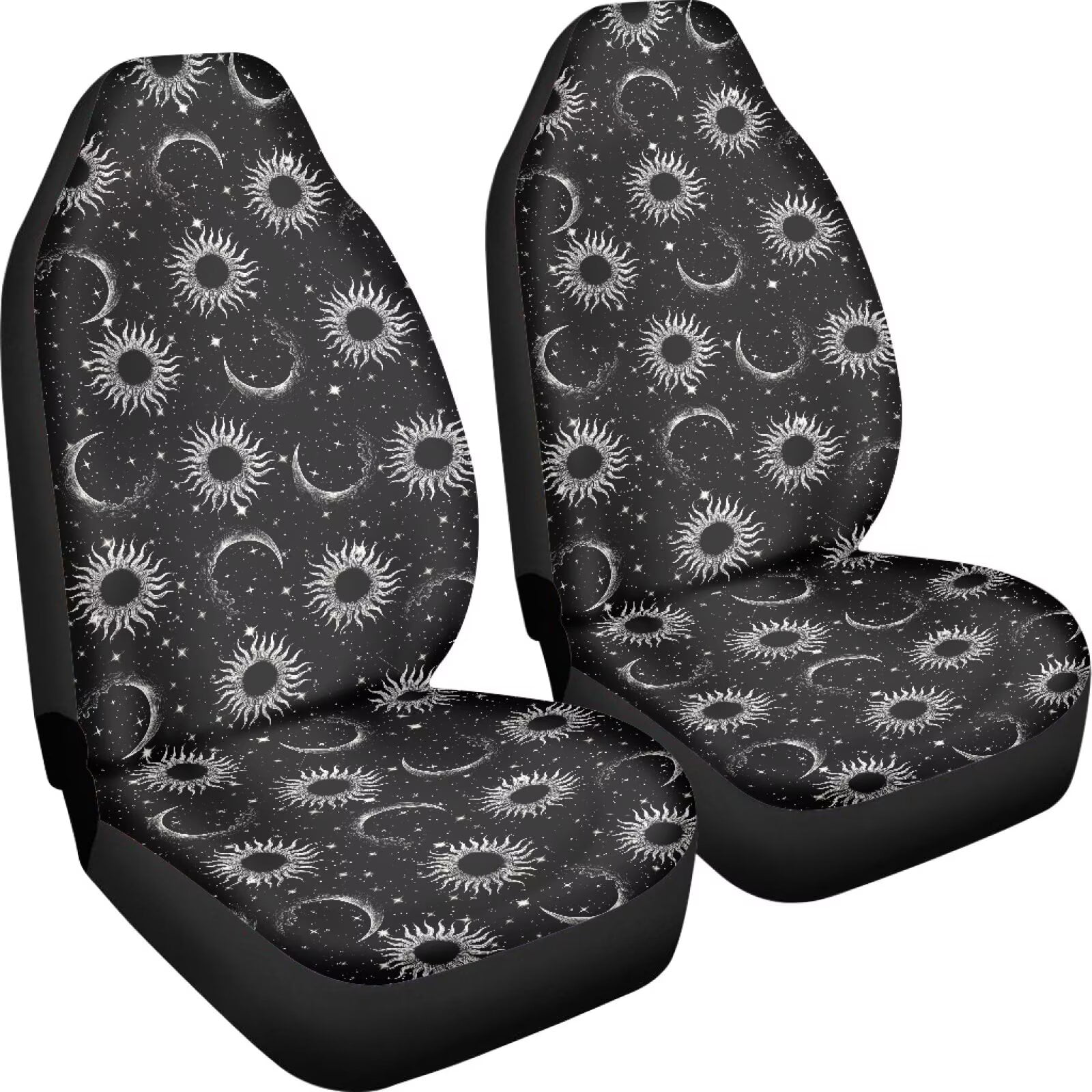 Uourmeti Celestial Moon Sun Star Print 2 Piece Car Seat Covers Front Seats Only Universal Bucket Seat Protector for Suv Van Trucks Black Car Accessories for Women Interior Cute Set