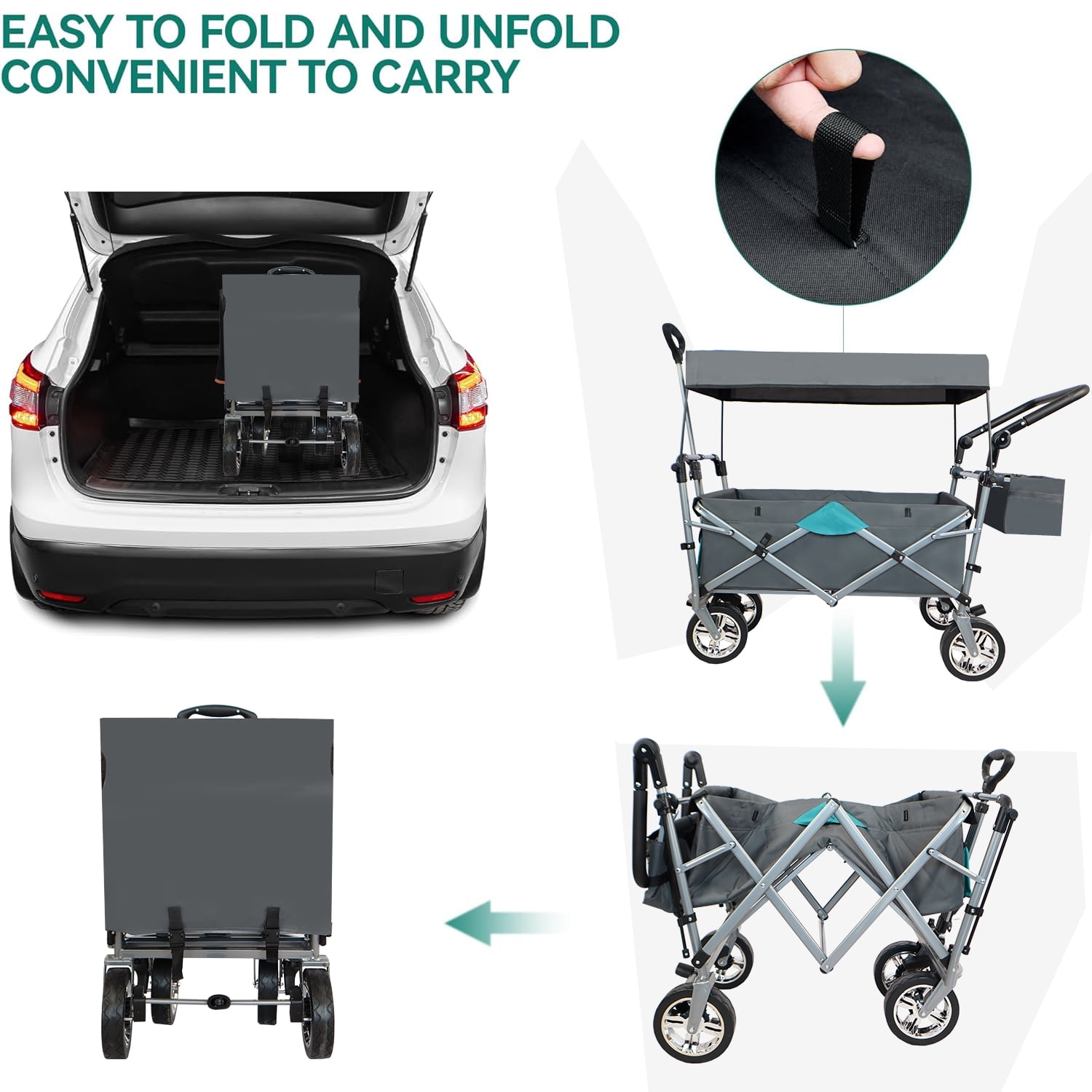Collapsible Wagon Cart With Wheels, Foldable Utility Heavy Duty Wagons Carts With Removable Canopy, 150 Lbs Large Capacity For Grocery Sports Garden Shopping