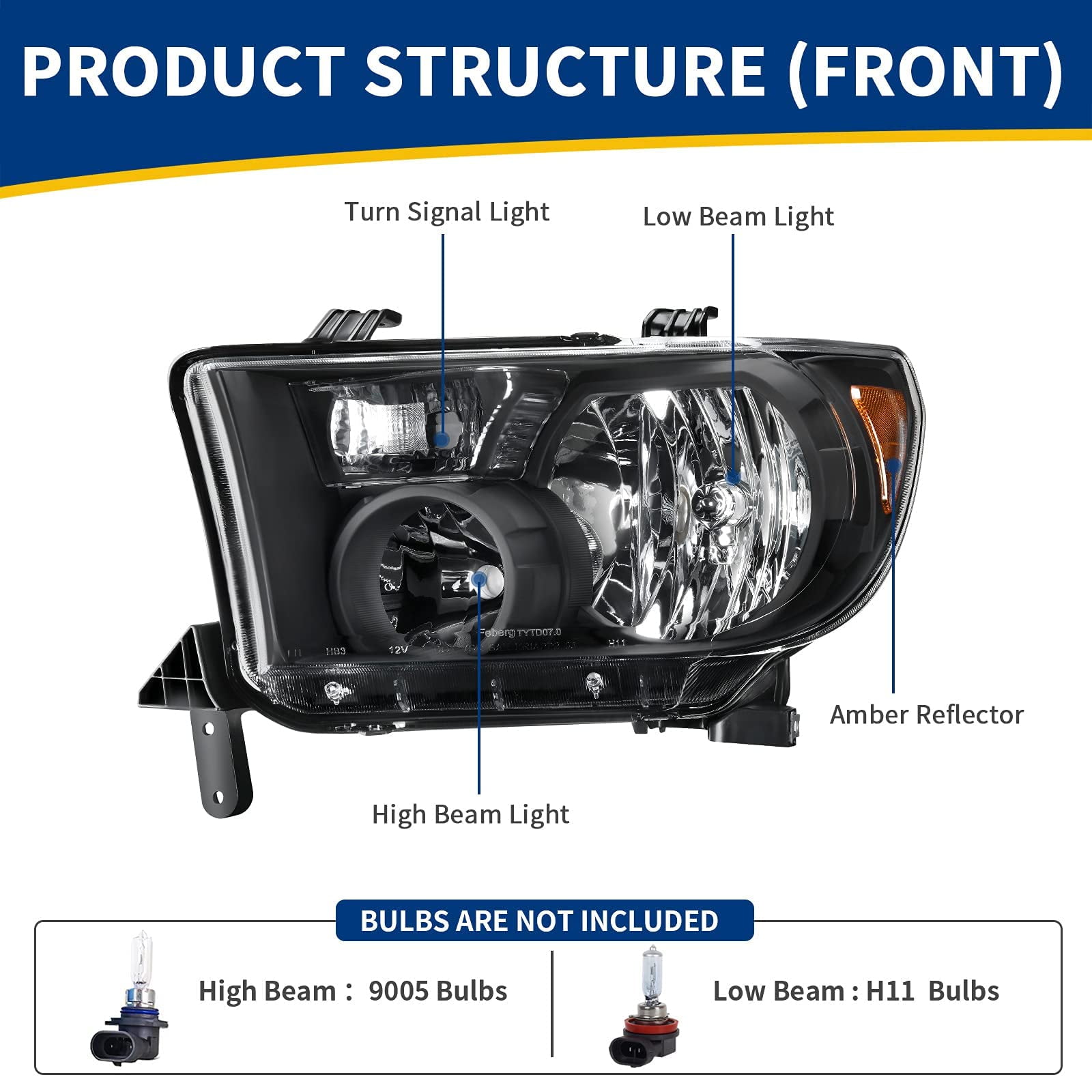 RVNI Headlight Assembly for 2007-2013 Toyota Tundra 08-17 Sequoia Black / Amber Lamps