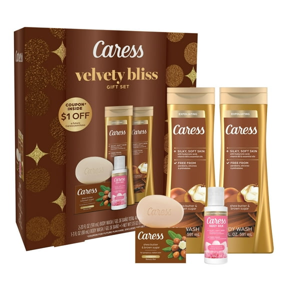 Caress Velvety Bliss Bodywash and Bar Soap Skincare Gift Set, 4 Piece