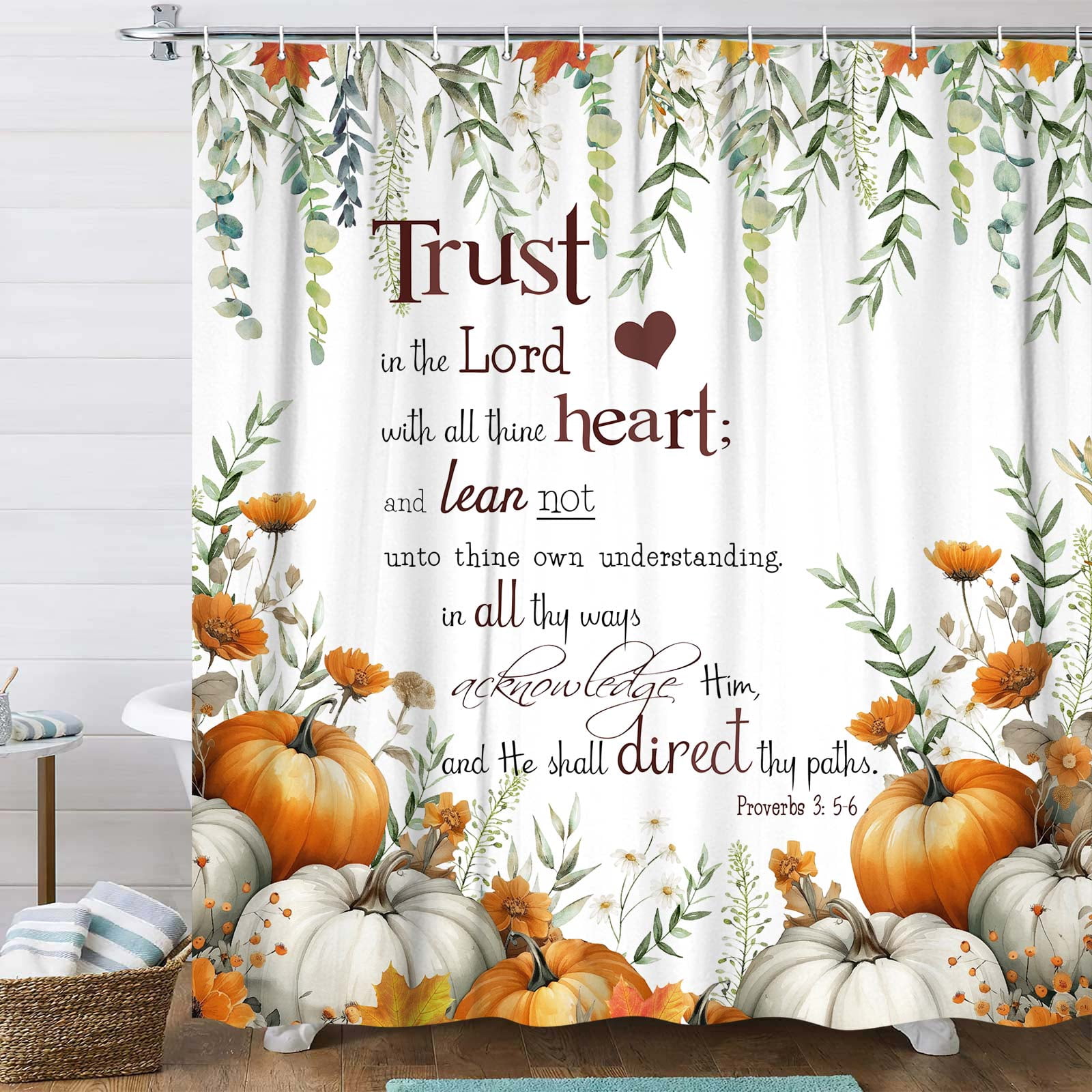 Fall Shower Curtain, Autumn Pumpkins Bible Verse Inspirational Bathroom Curtain Sets,Fall Farmhouse Home Bathtub Thanksgiving Decor with 12PCS Hooks,69X70 in