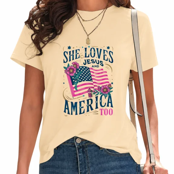 UNISHE Womens She Loves Jesus And America Too Print T-Shirt Vibrant Flag Floral Patriotic Pride Top Beige, L