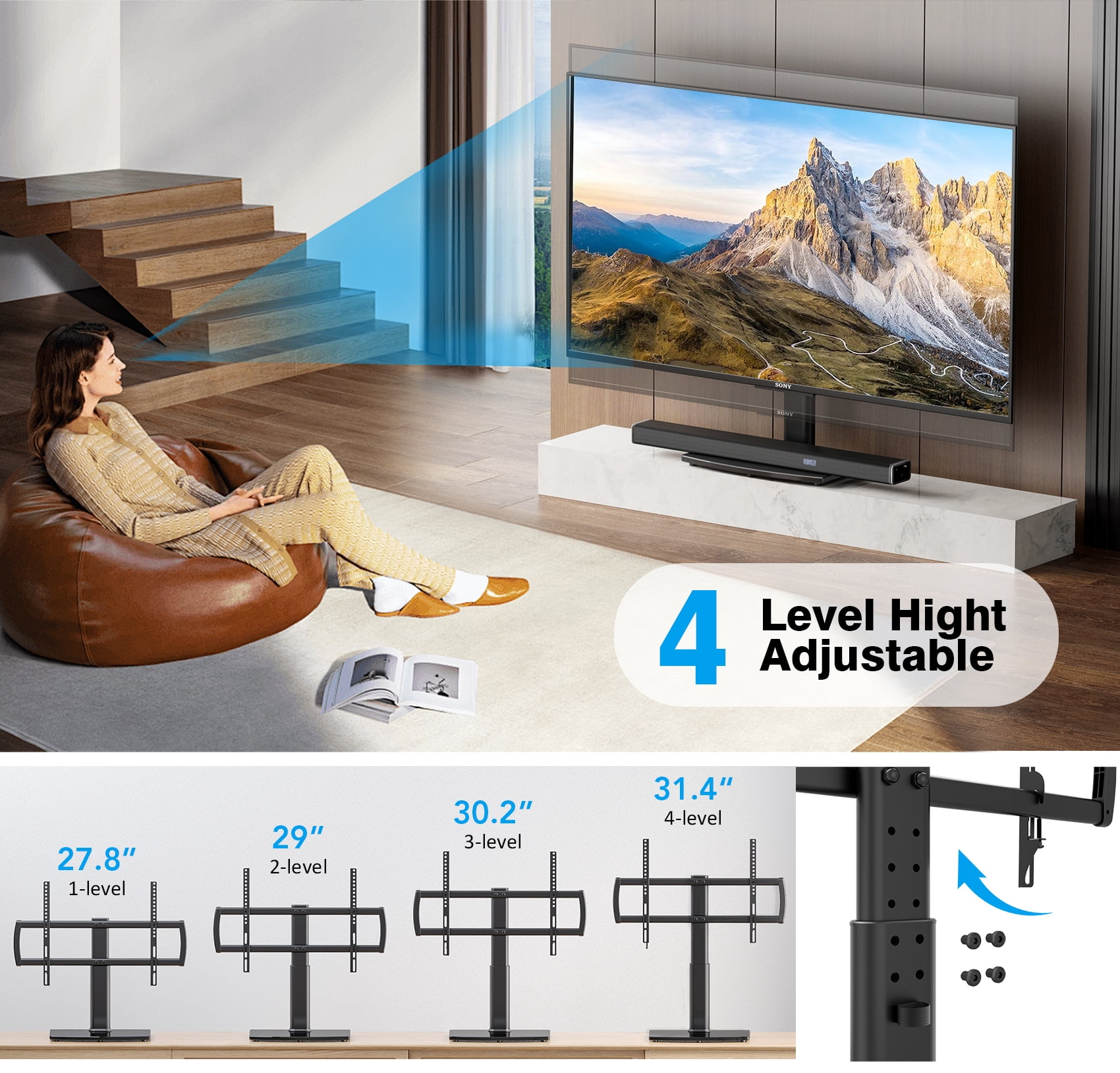 Universal TV Stand/ Base Tabletop TV Stand with Wall Mount for 32 to 65 inch 4 Level Height Adjustable, Heavy Duty Tempered Glass Base, Holds up to 99lbs Screens, HT03B-002