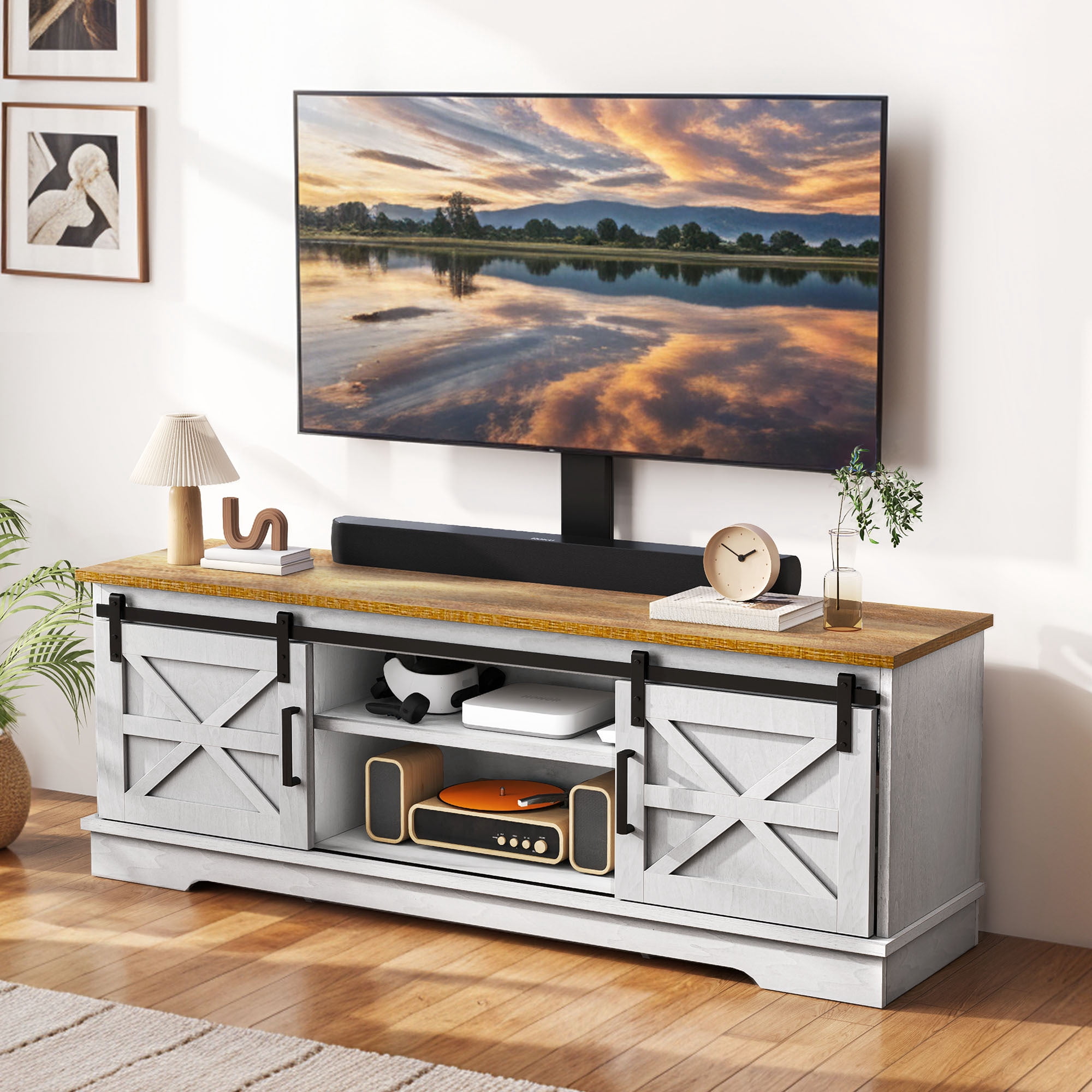 Uforic Farmhouse TV Stand with Mount for 32-70" TVs, Media Console Cabinet with Barn Doors, White