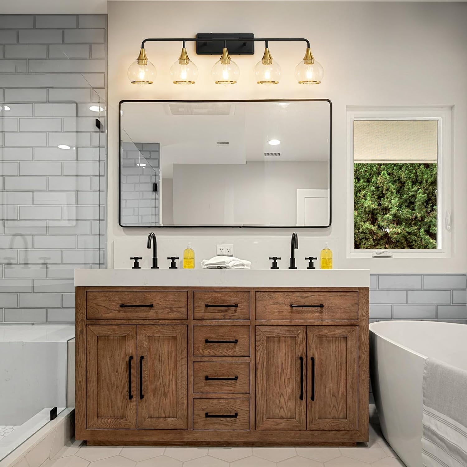 5-Lights Bathroom Light Fixtures Black and Gold Bathroom Vanity Light Over Mirror with Clear Glass Shade Wall Sconce Lighting