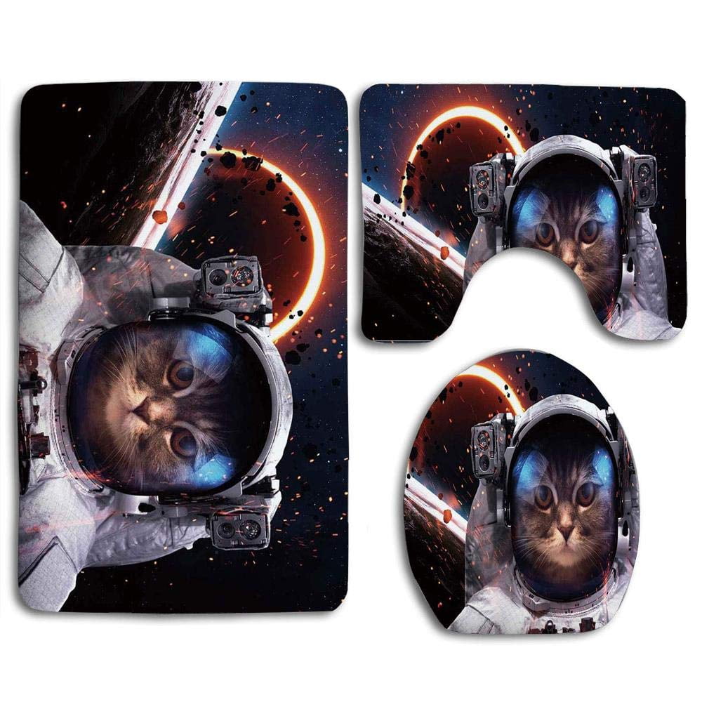 PUDMAD Space Cat cosmonaut in Comet Galaxy Clusters in Outer Space Cosmos Art Dark Blue White and Black 3 Piece Bathroom Rugs Set Bath Rug Contour Mat and Toilet Lid Cover