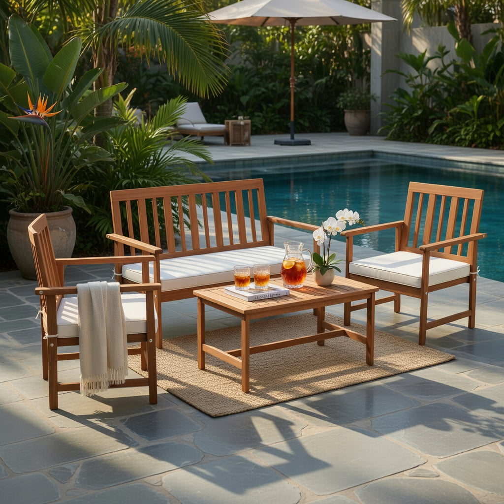 Hommoo 4-Piece Acacia Wood Outdoor Furniture Set, Wood Loveseat & Armchairs with Cushions, Coffee Table, Durable, Weather-Resistant Patio Set for Backyard, Porch & Poolside, White