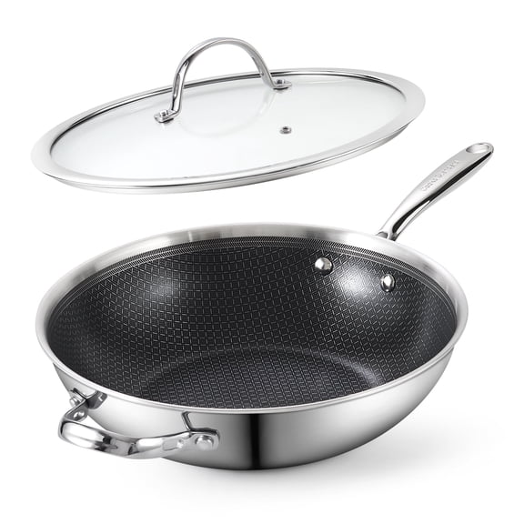 Cooks Standard Hybrid Multi-Ply Clad 12 Inch Stainless Steel Wok with Lid, Nonstick Flat Bottom Stir Fry Pan, Deep Frying Pan, Dishwasher & Oven Safe, Induction Ready, Compatible with All Stovetops