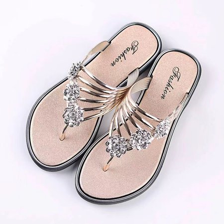 

Women‘s Lightweight Flower Faux Rhinestone Flip Flops Flat Open Toe Fashion Slippers Women‘s Indoor Outdoor Footwear