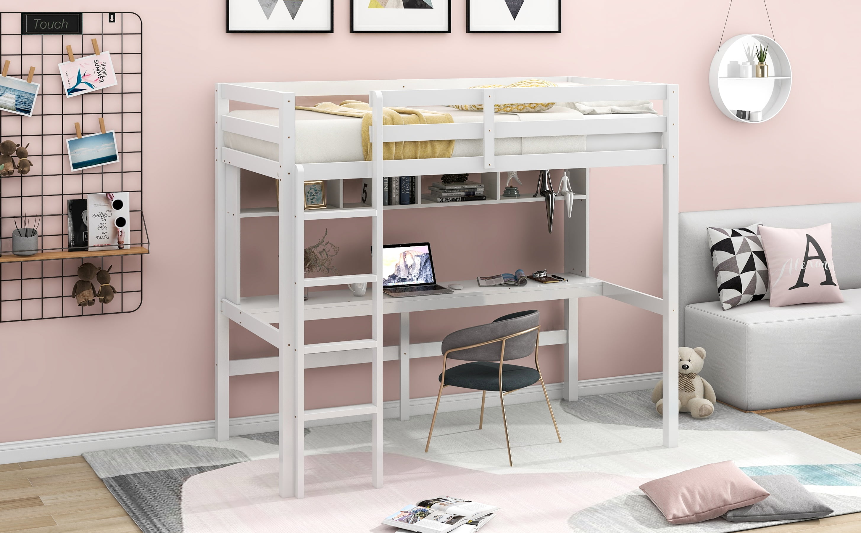 Twin Size Loft Bed With Convenient Desk, Loft Bed With Entertainment Center