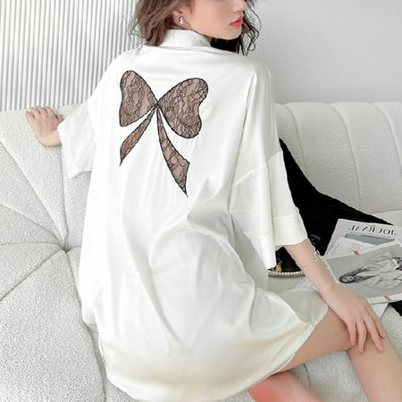 

PIKADINGNIS Summer Satin Bow Womens Sleepwear Shirt Nightdress Short Sexy Sleepshirt White Button Sweet Nightgown Shirt Girl Nightdress
