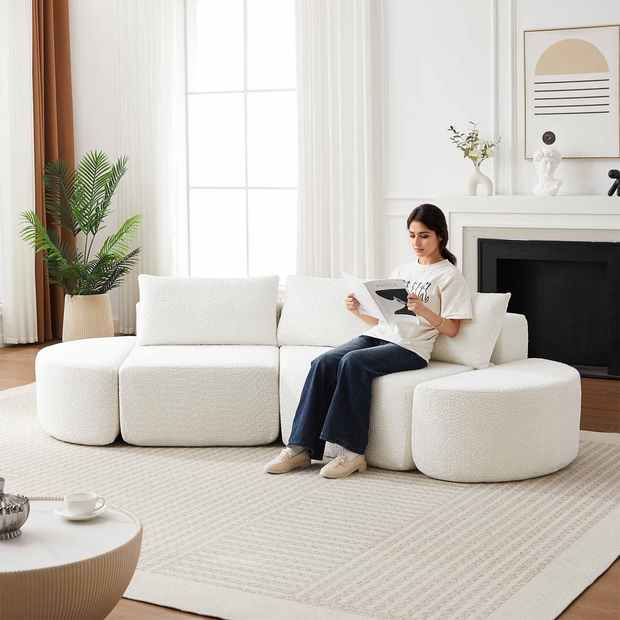 Lunale 106" Oversized Modular Sectional Sofa with 2 Curved Movable Ottomans,Boneless Cloud Couch for Living Room, Beige (Right Chaise)