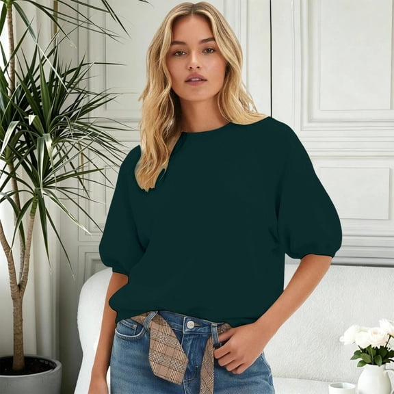 Uobin Womens Oversized Short Sleeve Sweatshirts Crew Neck Puff Sleeve Tops Casual Basic Spring Summer Tops
