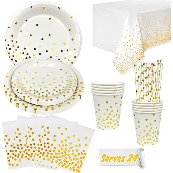 White and Gold Party Supplies Party Tableware Serve for 24 Guests, Golden Dot Plates Cups Napkins Tablecloths ect Dinnerware for Birthday, Baby Shower, Wedding, Anniversary Decorations (Gold)