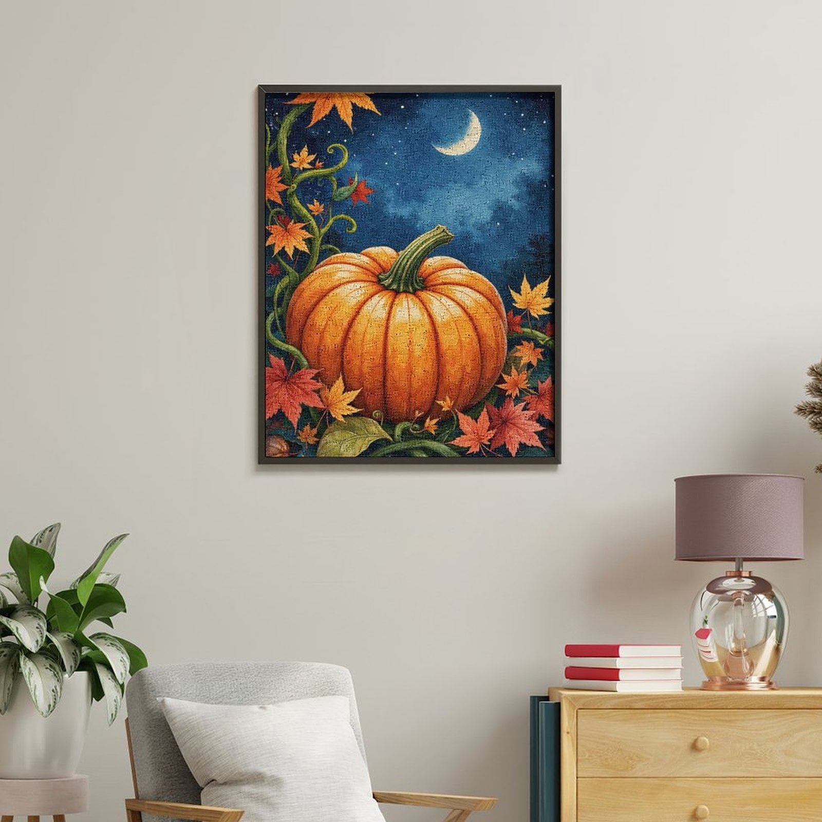 Paint by Numbers Kit for Adults, Autumn Pumpkin Under Moonlit Sky Paint by Numbers, Easy Paint by Numbers Kit for Adults Beginner, DIY Adult Paint by Number Kits on Canvas, Home Decor
