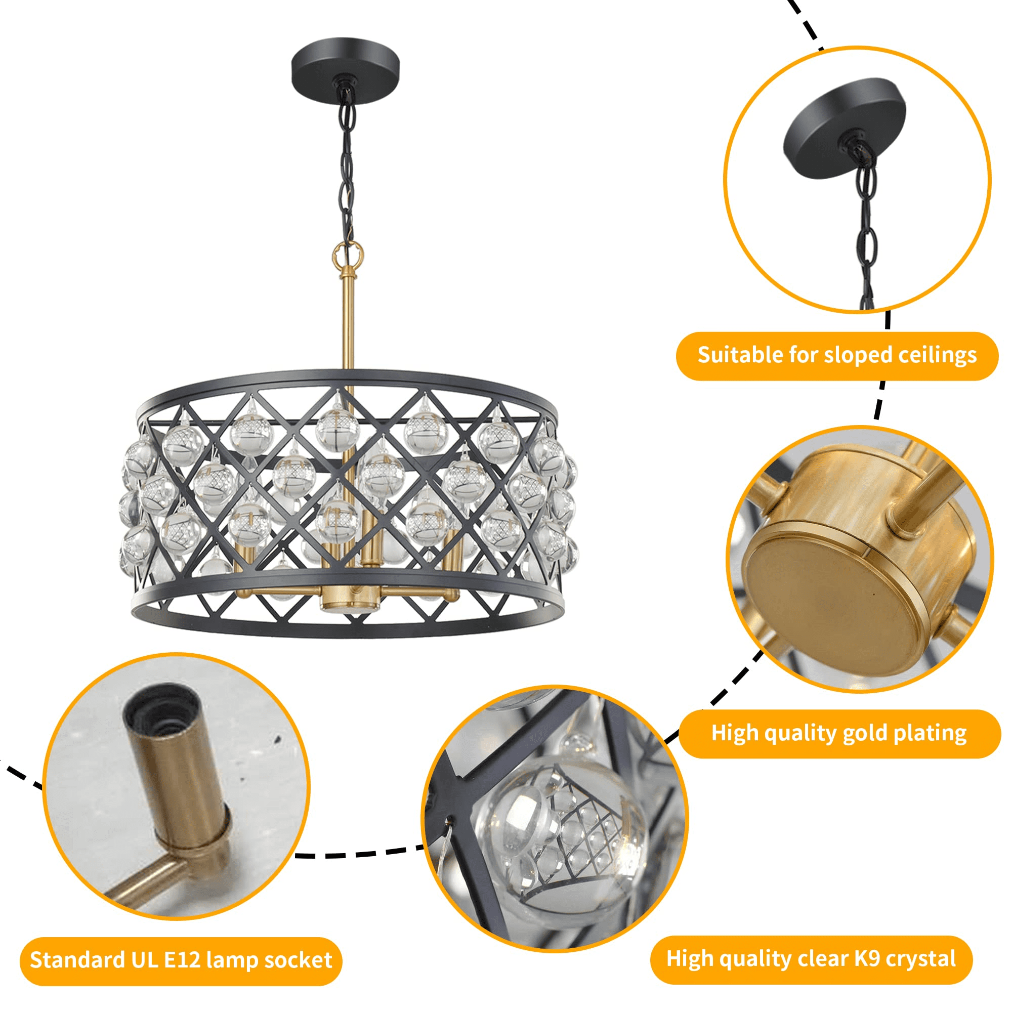 Karmiqi Crystal Chandelier, 17.8" 4-Lights Modern Farmhouse Chandelier with Adjustable Chain, Black Industrial Crystal Pendant Light Fixtures for Kitchen Island Dining Room Entryway Bedroom