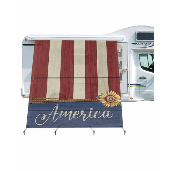 4th of July RV Awning Sun Shade Screen 9'X7' Red Blue Stripes America Mesh Sunscreen Sunflower Awning Shade Screen with Zipper UV Blocker Completed Kits Outdoor Canopy for RV Motorhome Camper Travel