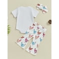 thumbnail image 4 of Suealasg Baby Girl 3 Piece Western Outfits Short Sleeve Chicken Print Romper Tops Flared Pants Headband Sets Newborn Summer Clothes 0-18 Months, 4 of 8