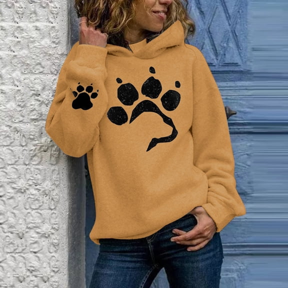 Tejiojio Womens Fall Clearance's Casual Cat Paw Print Long-Sleeved Pullover Hooded Thin Fleece Sweater