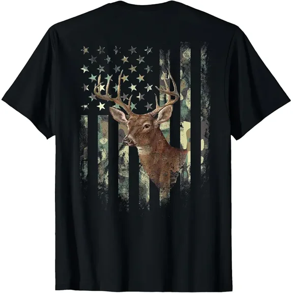 Distressed Camo American Flag Whitetail Deer Men Outdoor Graphic T-Shirt