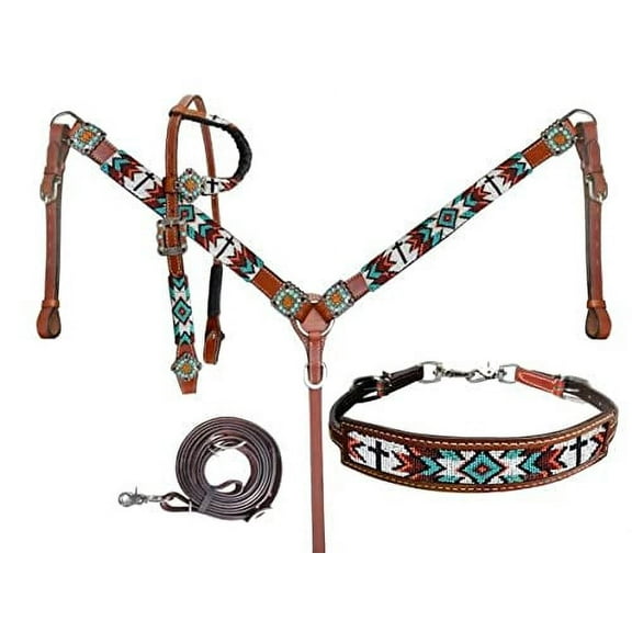 Showman Beaded Cross & Southwest Design Leather Headstall & Breast Collar Set