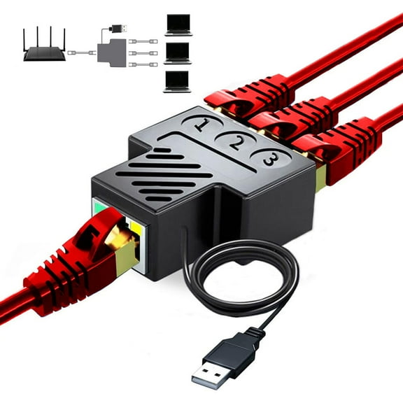 GEGONG Ethernet To 3 RJ45 Cable Splitter with 0.8m USB Power Cord