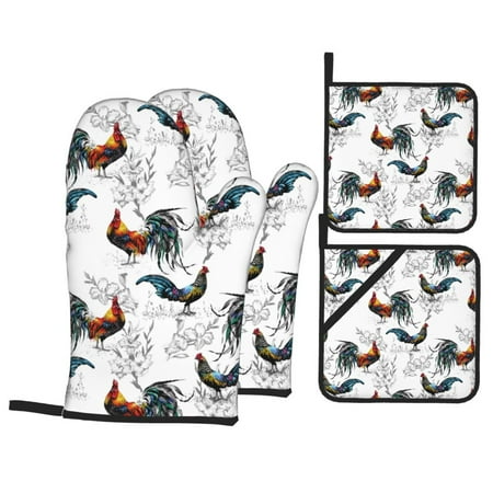 

Oven Mitts and Pot Holders 4 Piece cool chicken High Heat Slip Resistant Oven Mitt and Trivets Set Kitchen Oven Glove Pot Holders for Cooking Baking Grilling