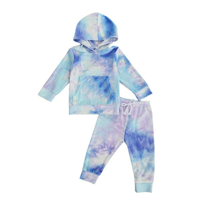 2Pcs Infant Toddler Tie-dye Print Long Sleeve Front Pocket Hoodie Drawstring Trousers Set 1-6 Years