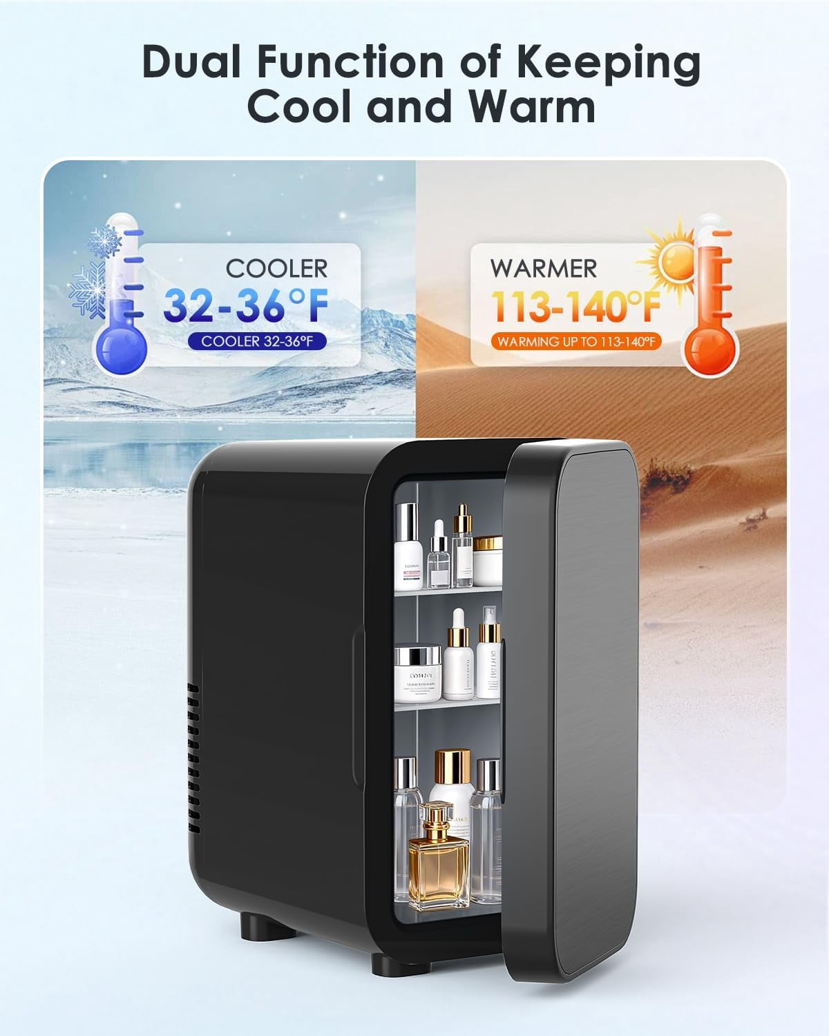 Skincare Fridge with Glass Panel, 6L  Fridge for Home/Car,  Portable Thermoelectric Cooler and Warmer, Makeup  Compact Refrigerator for Skincare Cosmetics Food Drinks (Black)