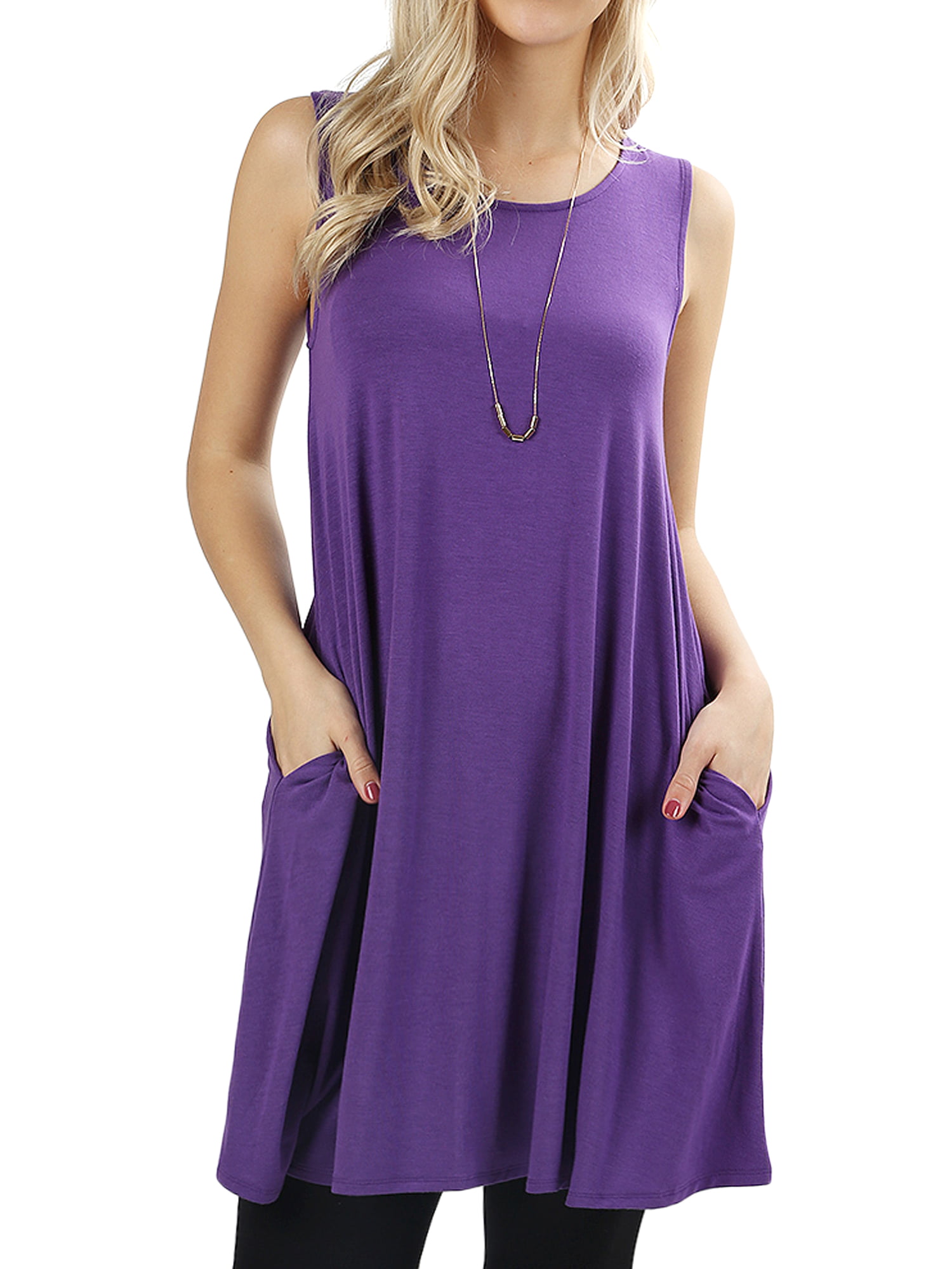 Women Round Neck Sleeveless Flowy Tunic Top with Side Pockets (Purple ...