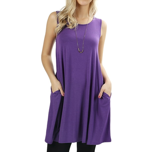 TheLovely - Women Round Neck Sleeveless Flowy Tunic Top with Side ...