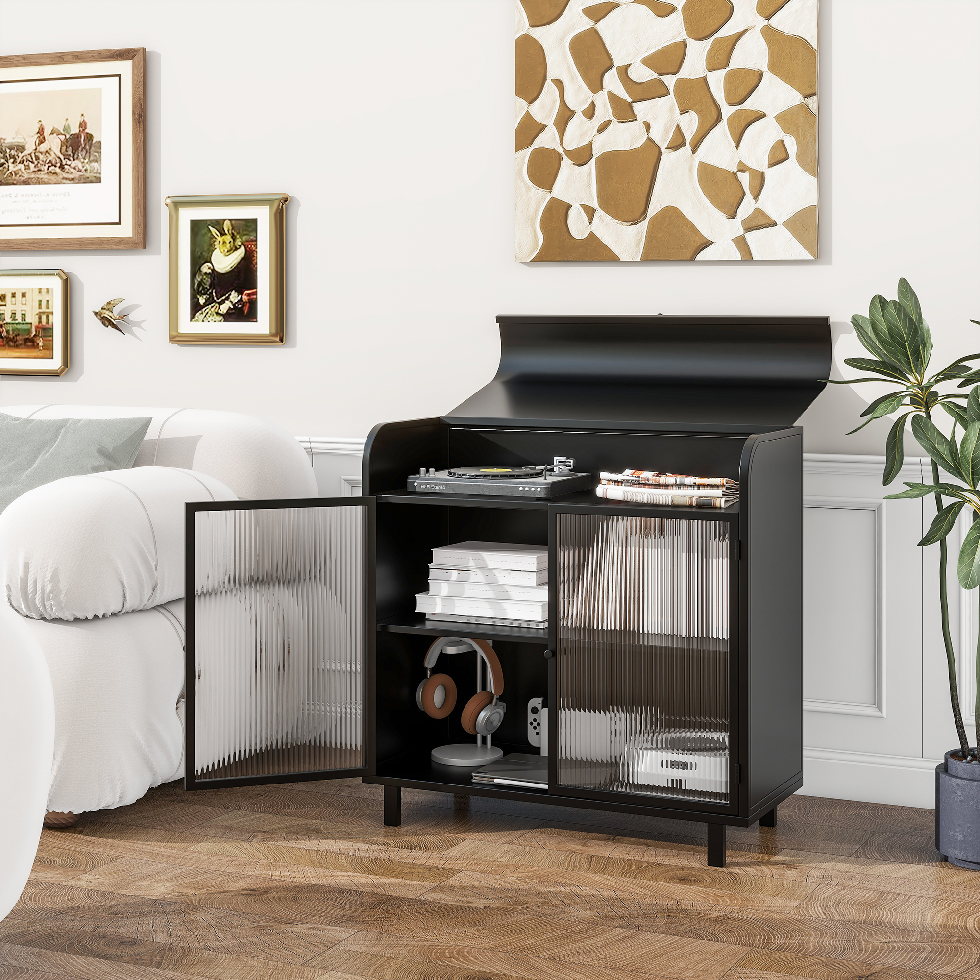 Leumius Modern Sideboard Buffet Cabinet with Tempered Figured Glass Doors, Flip Top, Inner Shelves, Metal Frame Storage Console for Dining Room, Kitchen, Living Room & Entryway (Black)