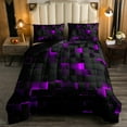 thumbnail image 2 of Neon Black Purple Comforter Set Full Abstract Geometric Grid Checkered Bedding Set Teen Women Glowing Stereoscopic Plaid Down Comforter 3D Square Quilt Duvet, 2 of 7
