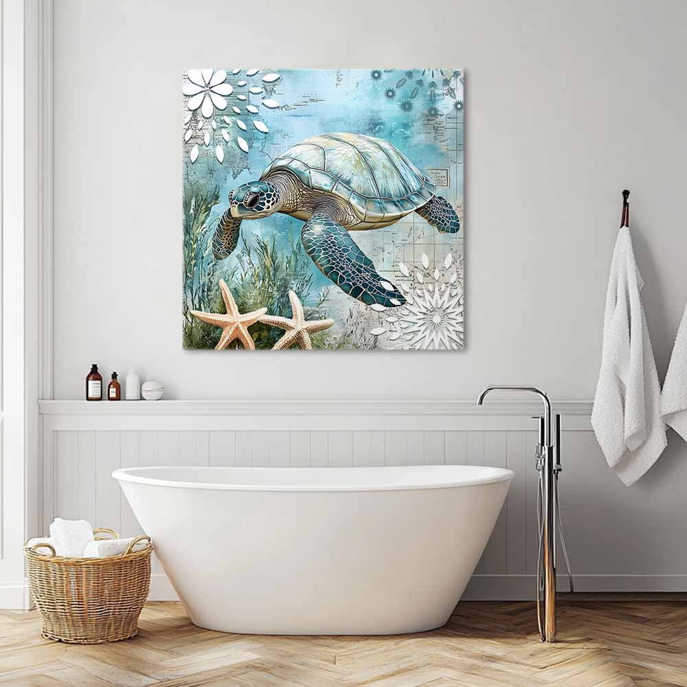 Retro Sea Turtles Canvas Wall Art, Ocean Sea Stars Corals Animal Framed Wall Decor Modern Artwork Prints Painting for Living Room, Bedroom, Kitchen & Cafe Decor 16x16 Inch
