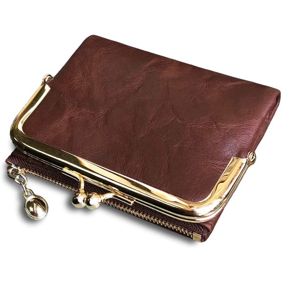 Womens Wallet RFID Small Compact Bifold Leather Vintage Wallet,Ladies Coin Purse with Zipper and Kiss Lock