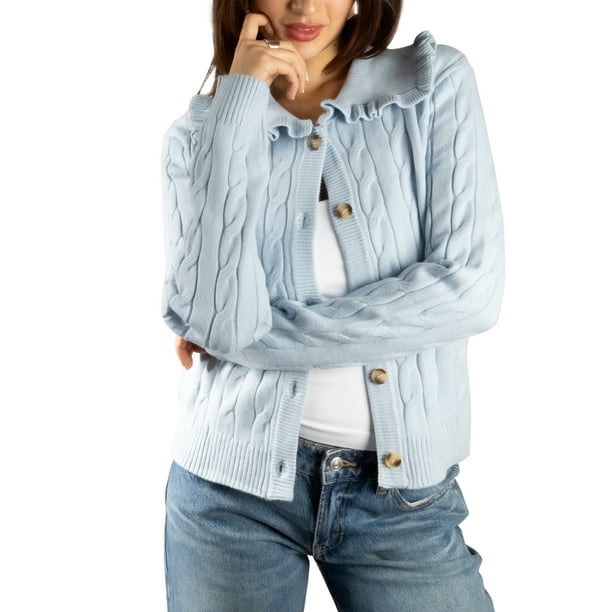 Jess por Meiko Suéter de Mujer de Mangas Largas con Botones, Cuello con Volantes, Cárdigan de Punto Trenzado XS Azul Claro