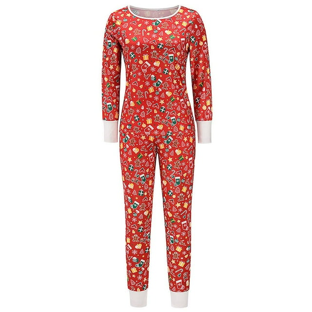 Ensemble de Pyjamas de Noël pour Femmes Imprimé Xmas Col Rond Hauts Pantalons Vêtements de Nuit Pjs