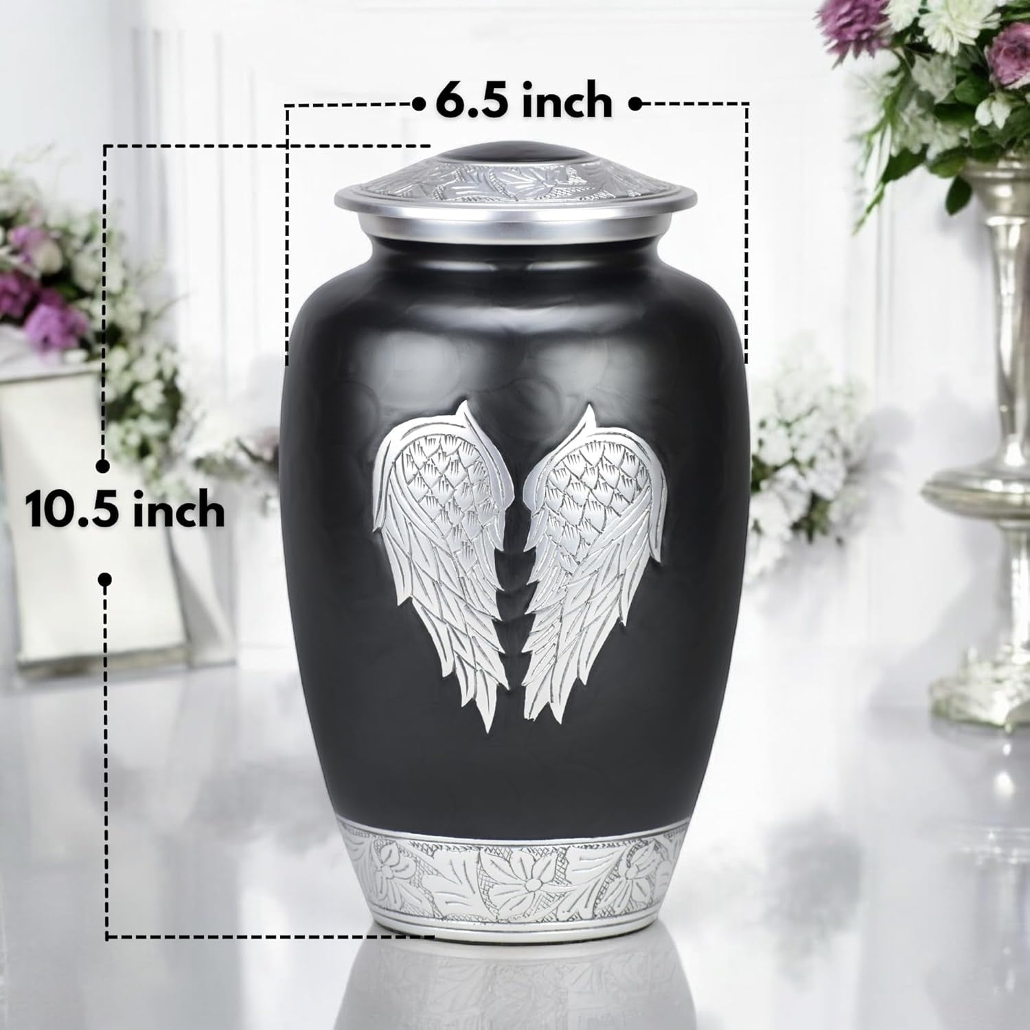 CRAFT INDIA Large Black Angel Wings Cremation Urn for Adult Human Ashes with Velvet Bag