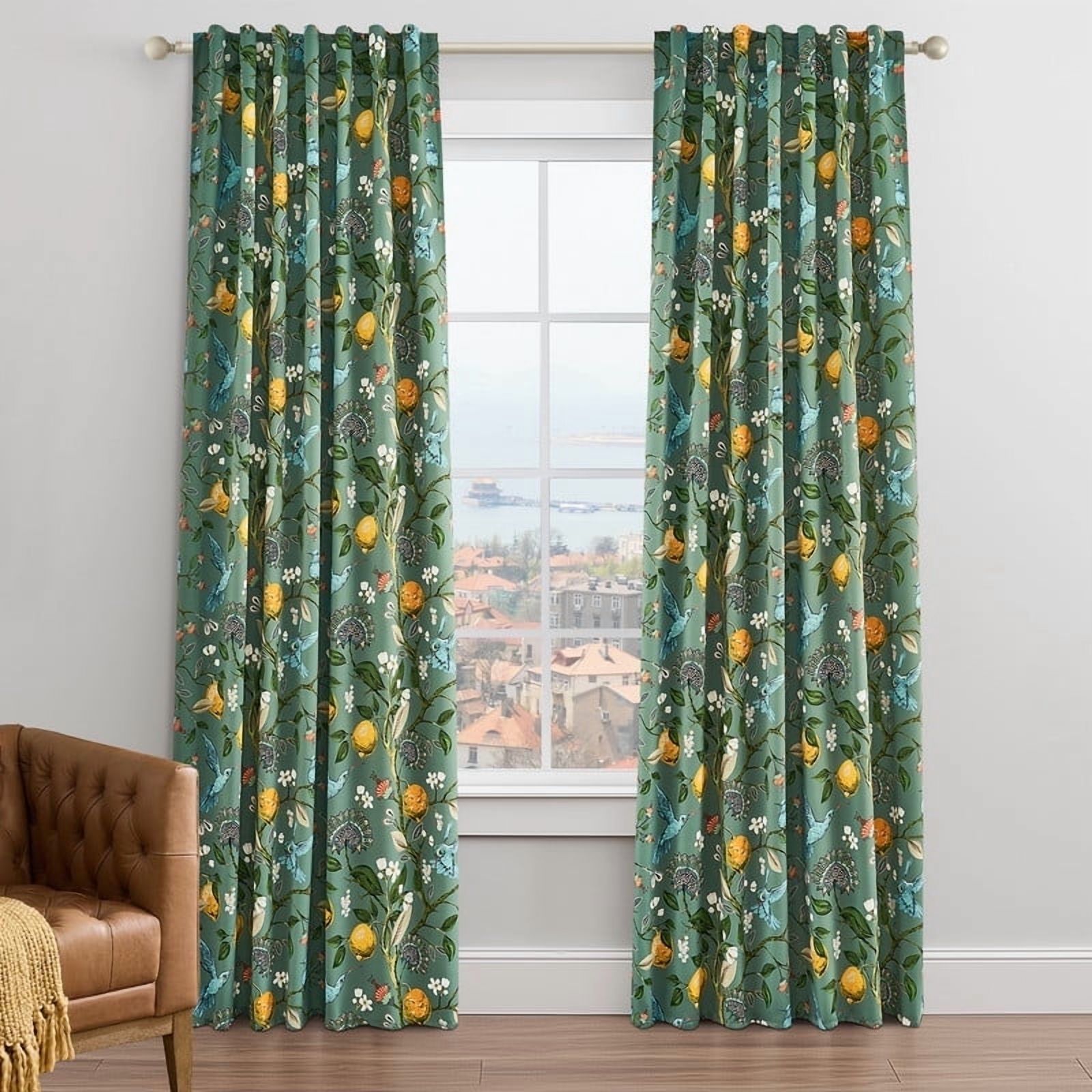 Topfinel Fancy Hummingbird Patterned Curtain,SageGreen Curtains for Living Room, Thermal Insulated Blackout Curtains for Bedroom, Floral Vintage Lemon Curtains 84 inch Length 2 Panels Set