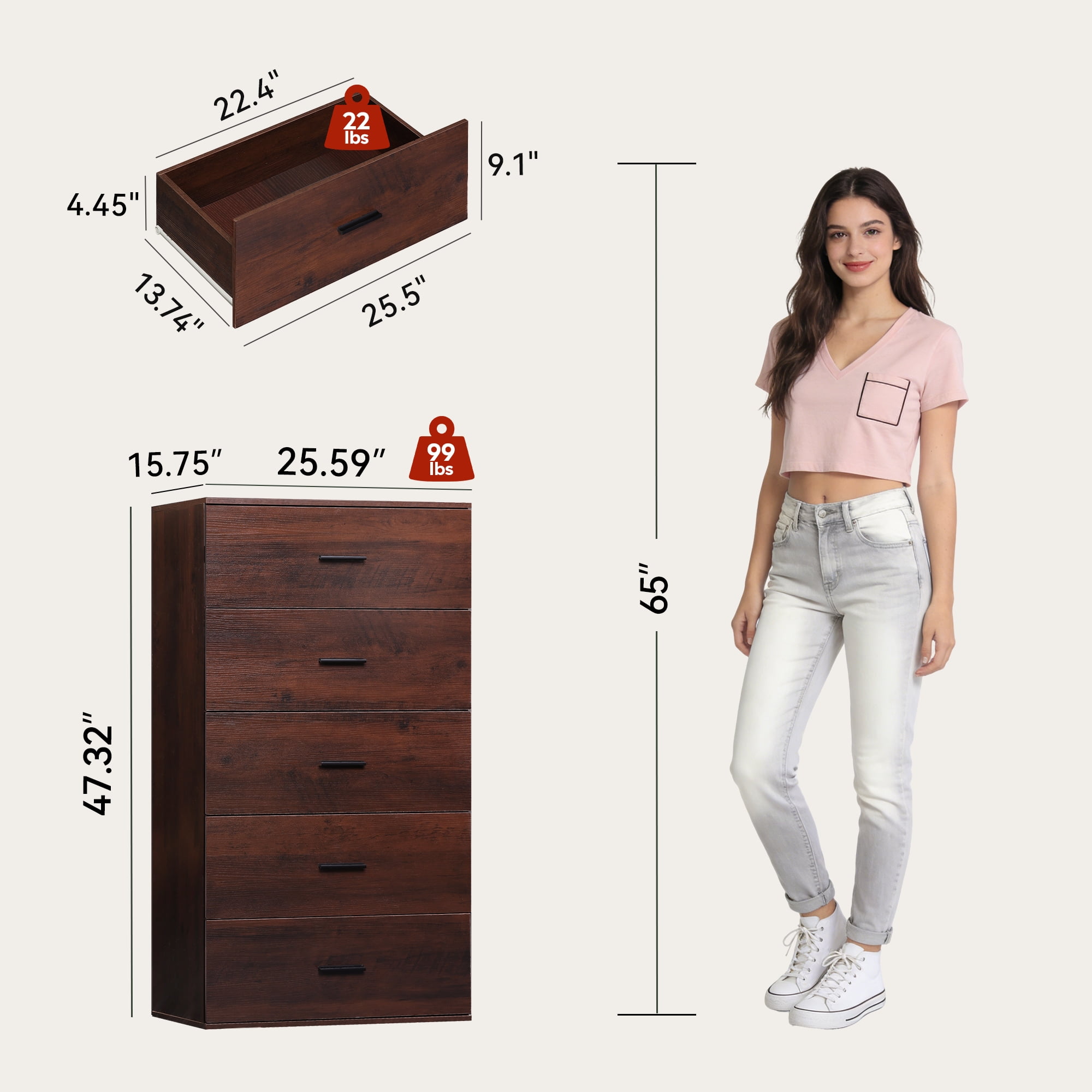GALAXHERO 5 Drawers Dresser, Chest of Drawers for Bedroom, Tall Wood Storage Cabinet with Metal Handle for Living Room, Closet, Hallway, Brown
