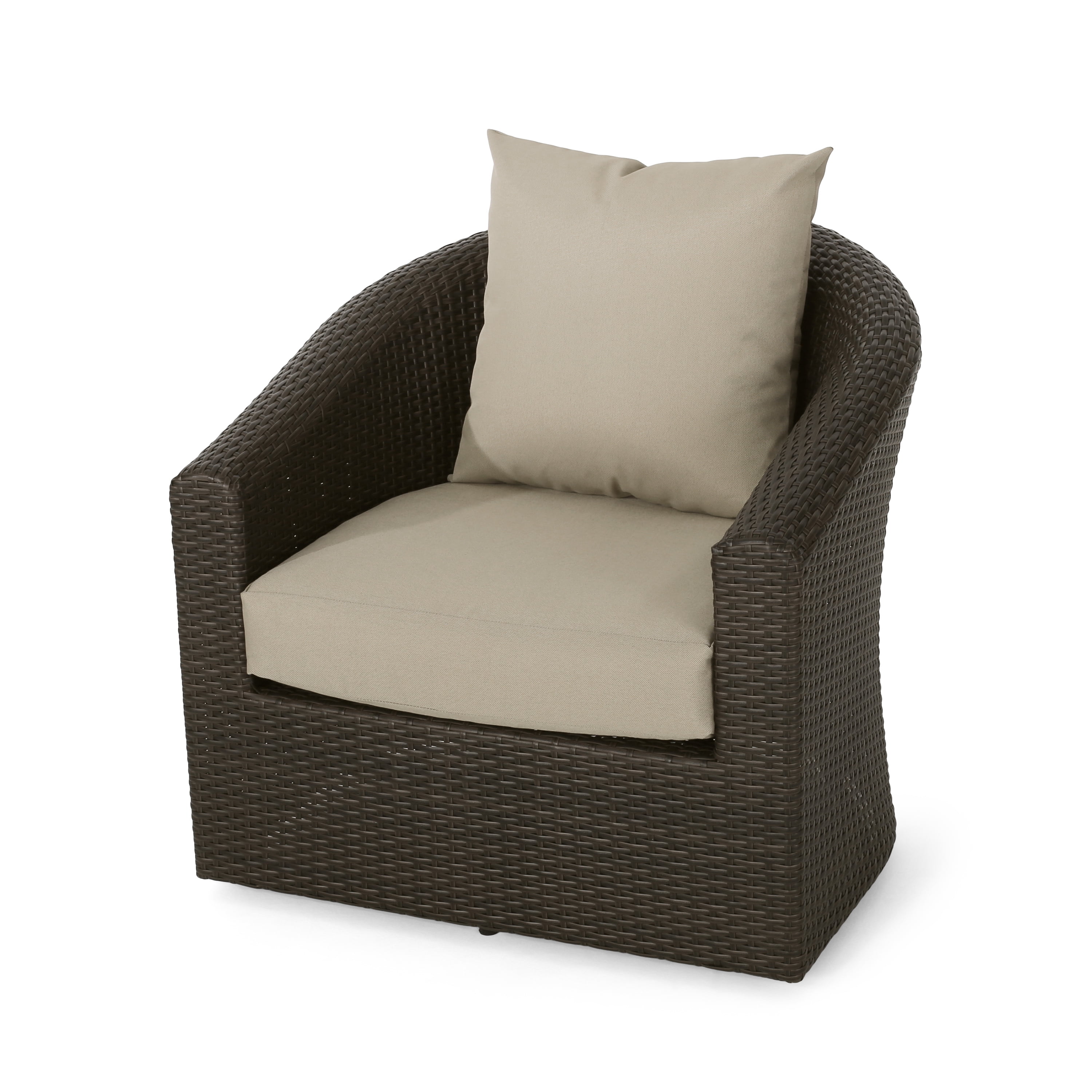 Swivel Chair, Outdoor Aluminum Frame Wicker Rotatable Chair for Patio Garden, Brown and Beige